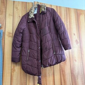 YMI Quilted Puffer Coat with Faux Fur Collar - Burgundy